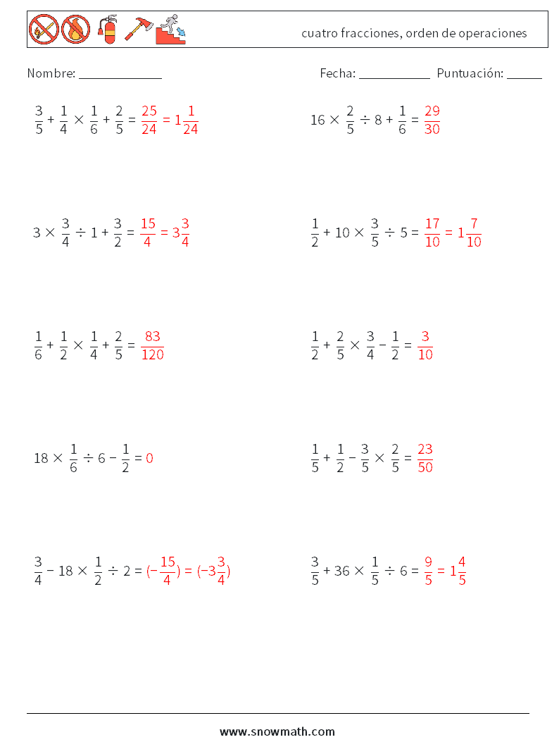 (10) cuatro fracciones, orden de operaciones Hojas de trabajo de matemáticas 15 Pregunta, respuesta