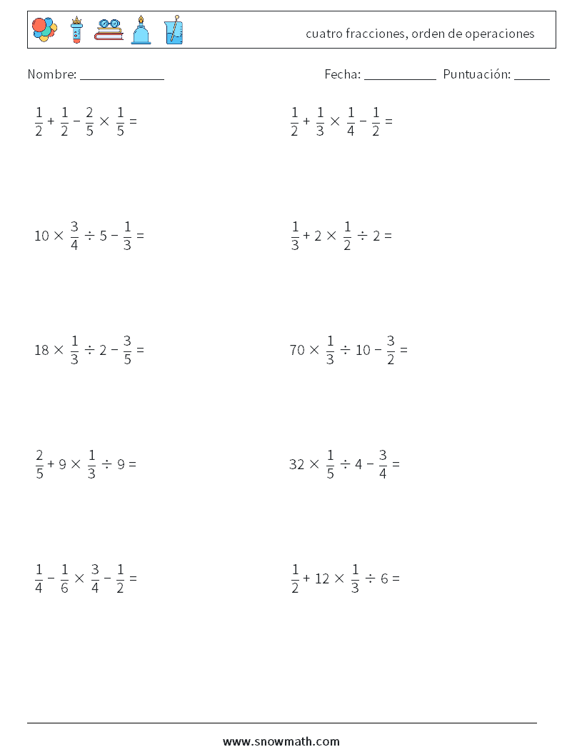 (10) cuatro fracciones, orden de operaciones Hojas de trabajo de matemáticas 16