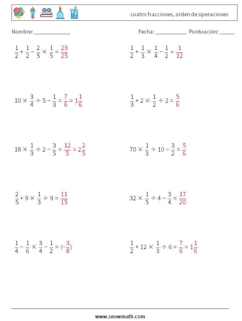 (10) cuatro fracciones, orden de operaciones Hojas de trabajo de matemáticas 16 Pregunta, respuesta