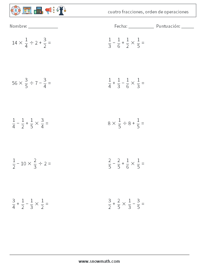 (10) cuatro fracciones, orden de operaciones Hojas de trabajo de matemáticas 17