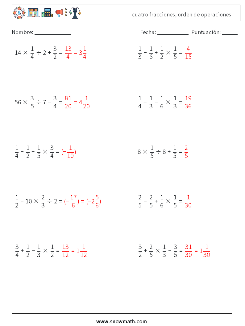 (10) cuatro fracciones, orden de operaciones Hojas de trabajo de matemáticas 17 Pregunta, respuesta