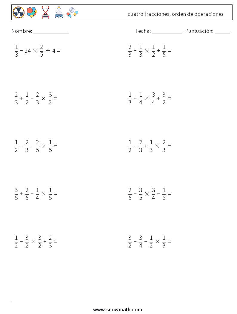 (10) cuatro fracciones, orden de operaciones Hojas de trabajo de matemáticas 18