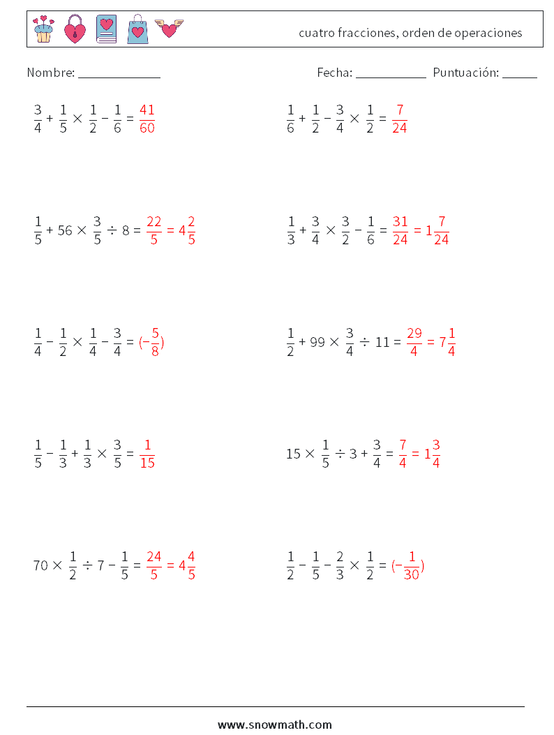 (10) cuatro fracciones, orden de operaciones Hojas de trabajo de matemáticas 1 Pregunta, respuesta
