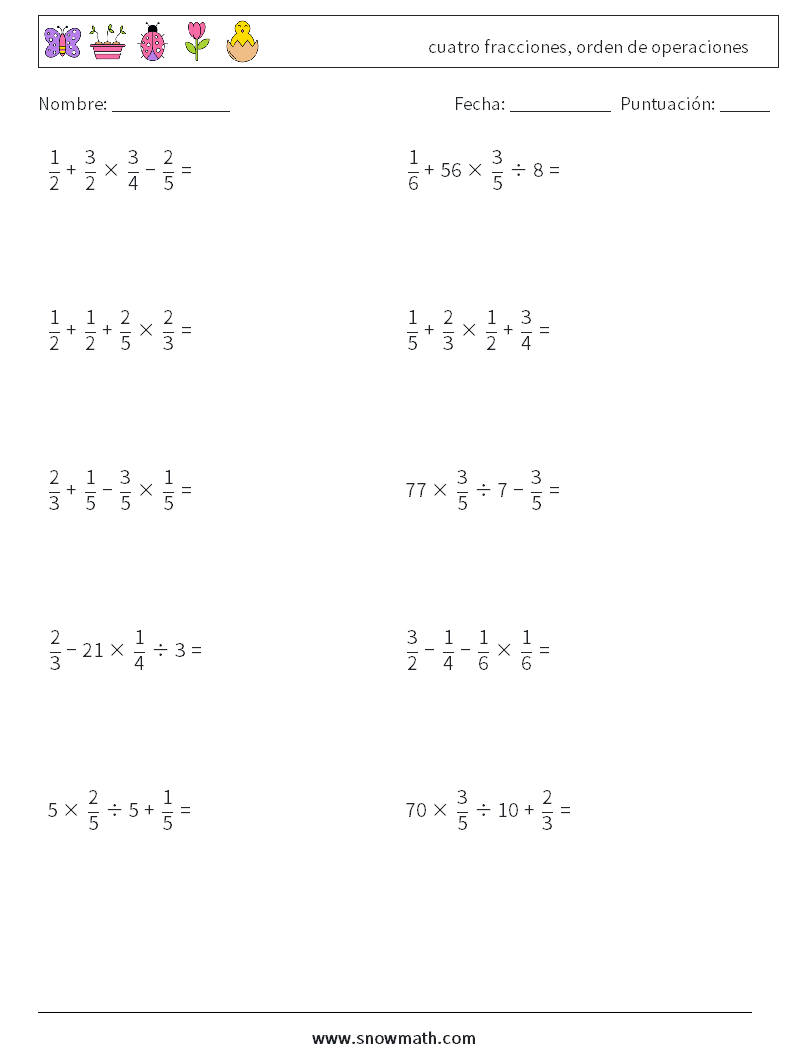 (10) cuatro fracciones, orden de operaciones Hojas de trabajo de matemáticas 2
