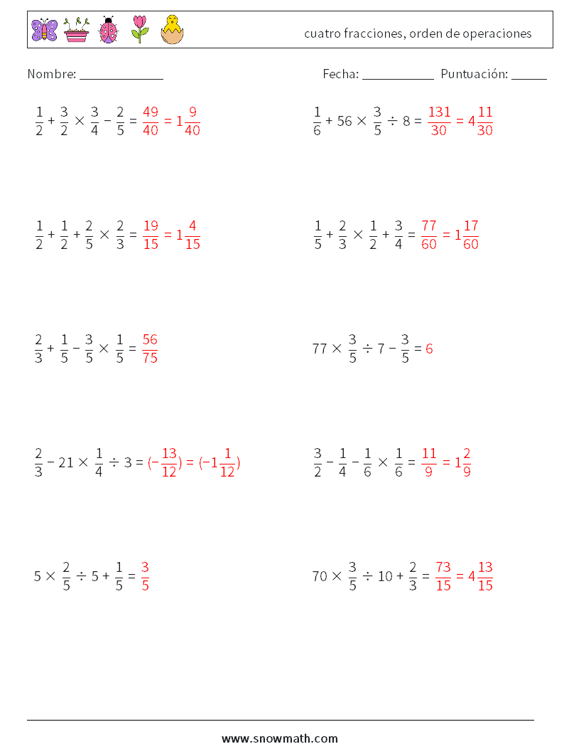(10) cuatro fracciones, orden de operaciones Hojas de trabajo de matemáticas 2 Pregunta, respuesta