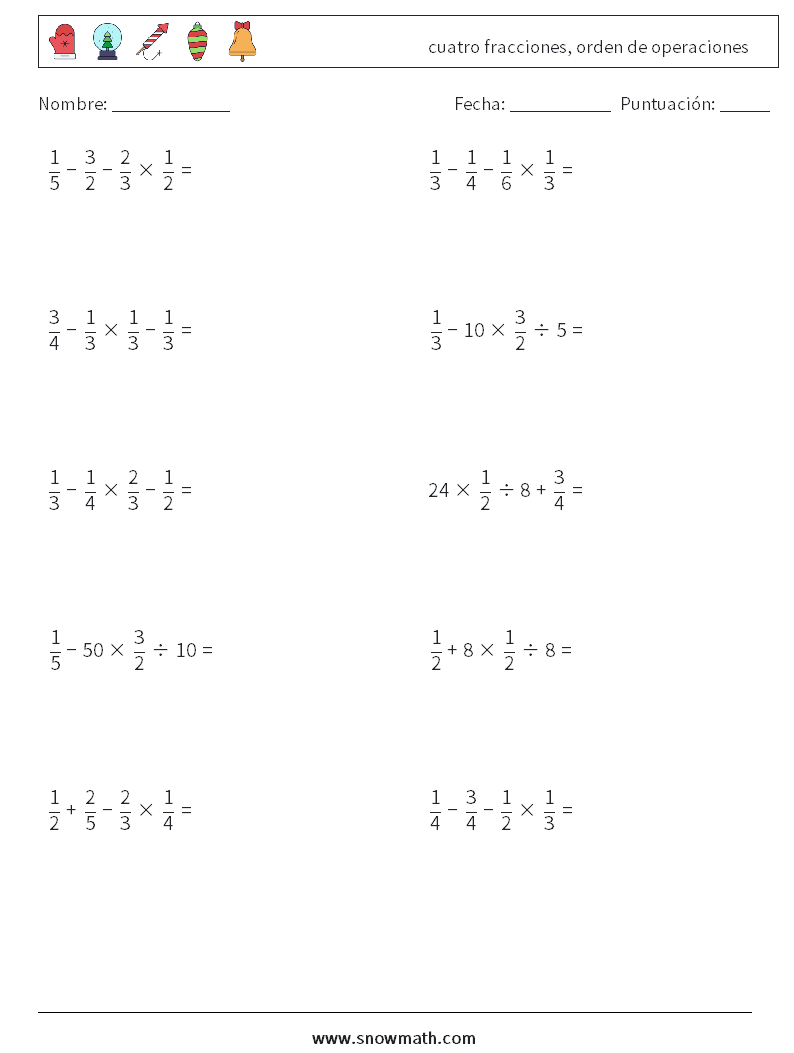 (10) cuatro fracciones, orden de operaciones Hojas de trabajo de matemáticas 3