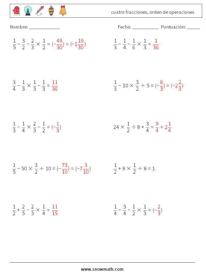 (10) cuatro fracciones, orden de operaciones Hojas de trabajo de matemáticas 3 Pregunta, respuesta