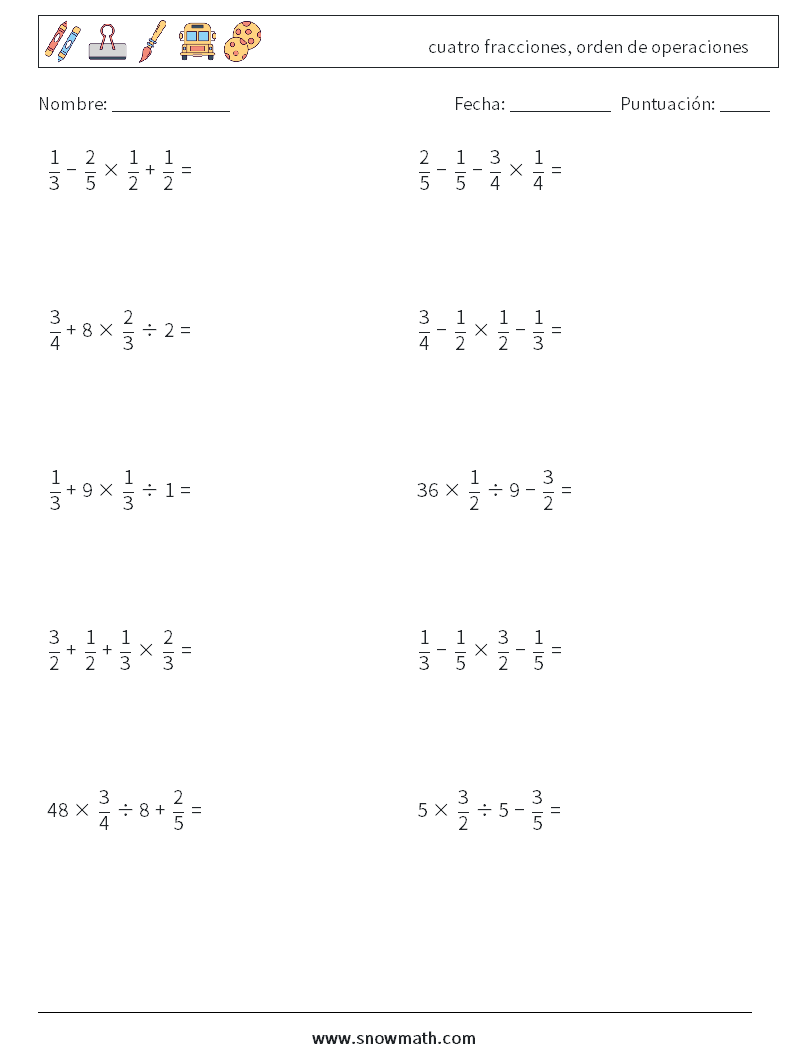 (10) cuatro fracciones, orden de operaciones Hojas de trabajo de matemáticas 4