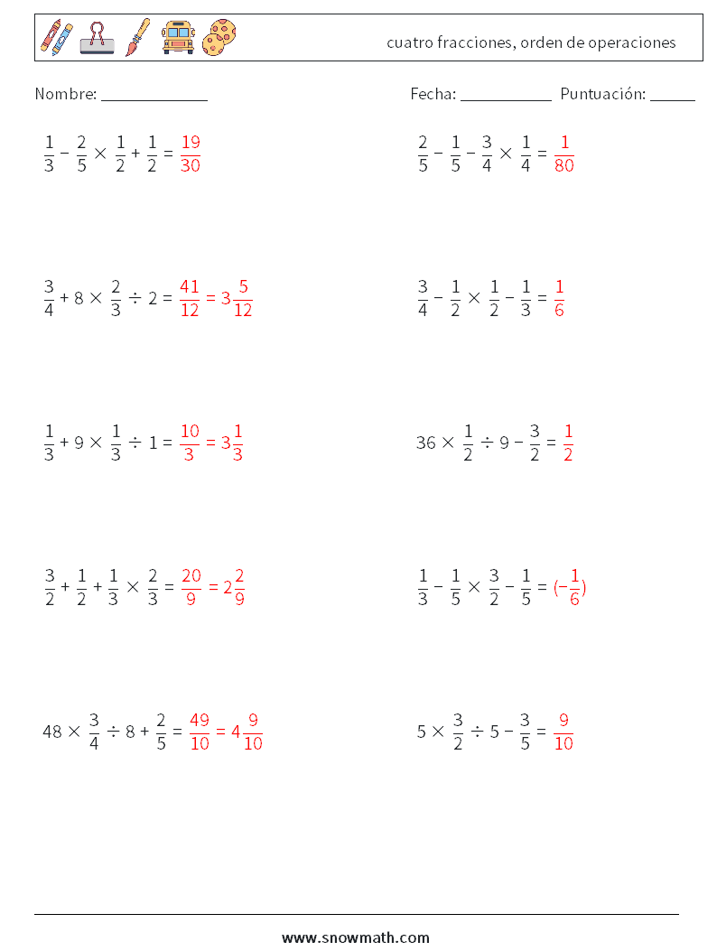 (10) cuatro fracciones, orden de operaciones Hojas de trabajo de matemáticas 4 Pregunta, respuesta