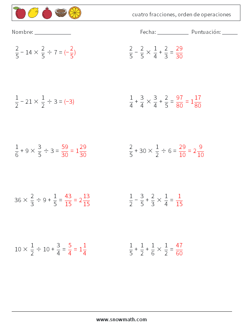 (10) cuatro fracciones, orden de operaciones Hojas de trabajo de matemáticas 5 Pregunta, respuesta