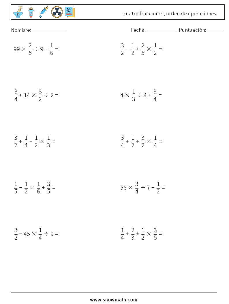 (10) cuatro fracciones, orden de operaciones Hojas de trabajo de matemáticas 6