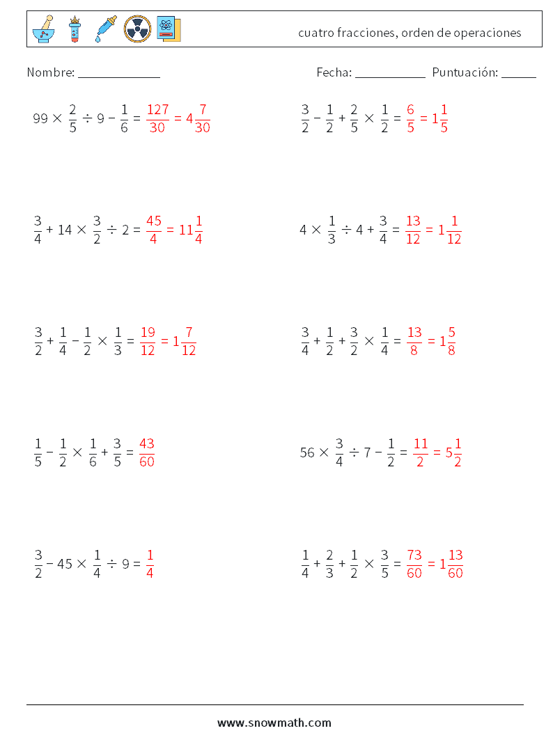 (10) cuatro fracciones, orden de operaciones Hojas de trabajo de matemáticas 6 Pregunta, respuesta