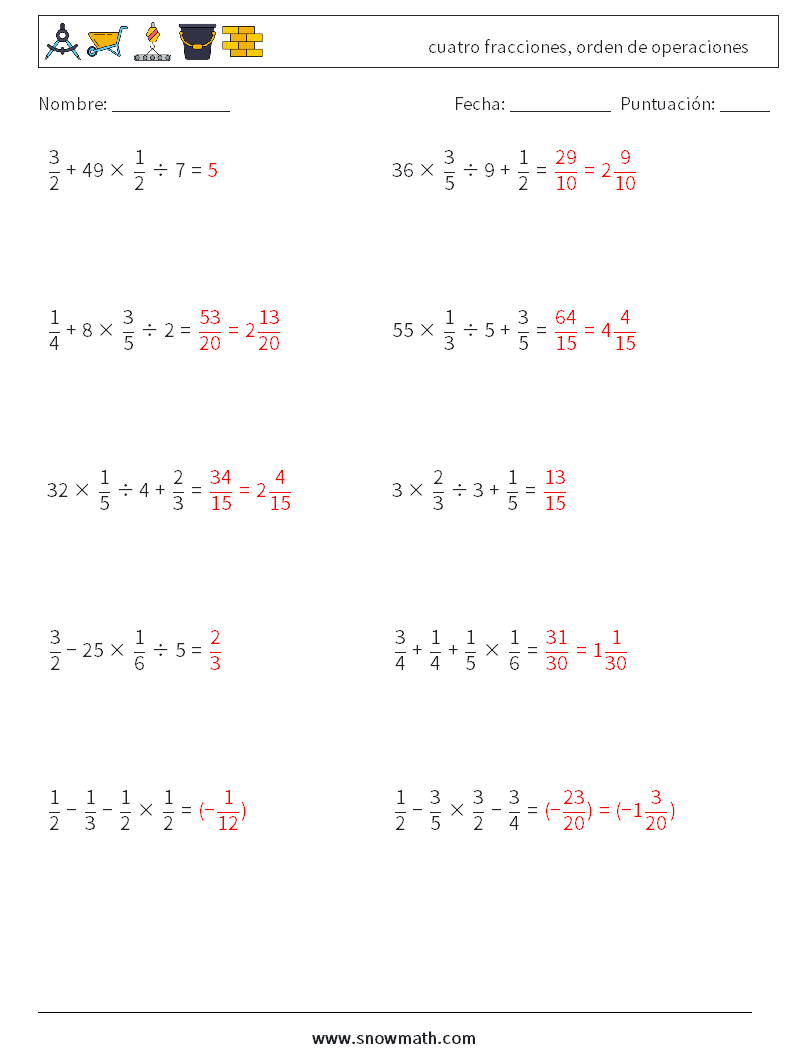 (10) cuatro fracciones, orden de operaciones Hojas de trabajo de matemáticas 7 Pregunta, respuesta