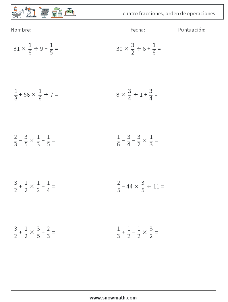 (10) cuatro fracciones, orden de operaciones Hojas de trabajo de matemáticas 8