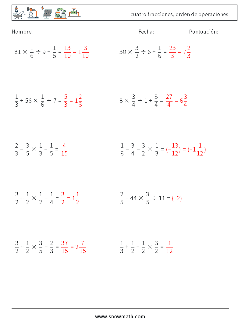 (10) cuatro fracciones, orden de operaciones Hojas de trabajo de matemáticas 8 Pregunta, respuesta