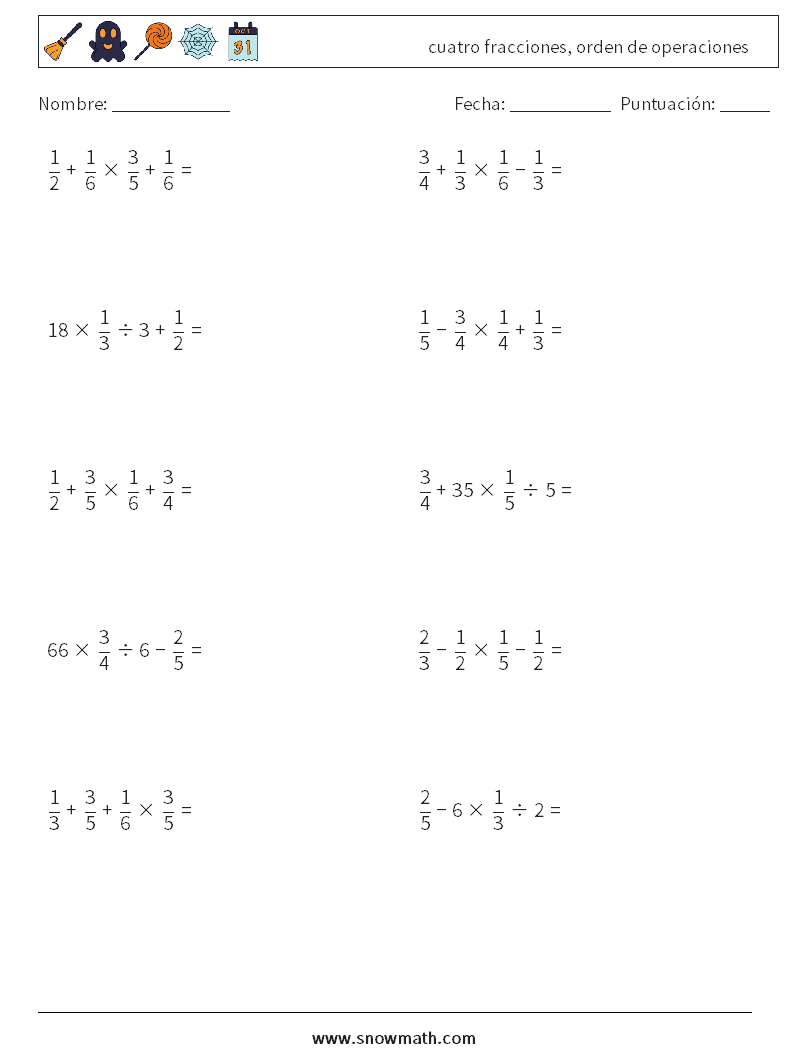(10) cuatro fracciones, orden de operaciones Hojas de trabajo de matemáticas 9