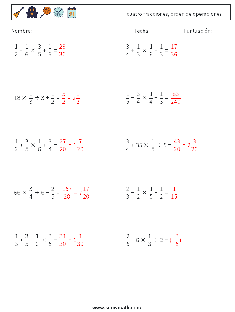 (10) cuatro fracciones, orden de operaciones Hojas de trabajo de matemáticas 9 Pregunta, respuesta