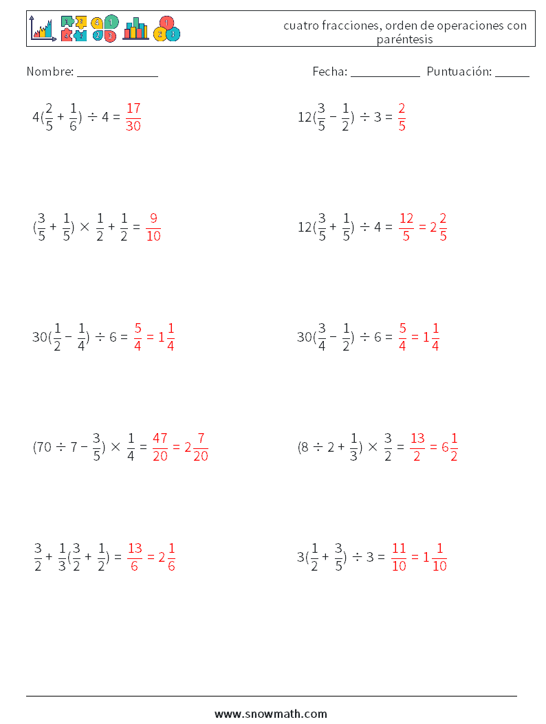 (10) cuatro fracciones, orden de operaciones con paréntesis Hojas de trabajo de matemáticas 10 Pregunta, respuesta