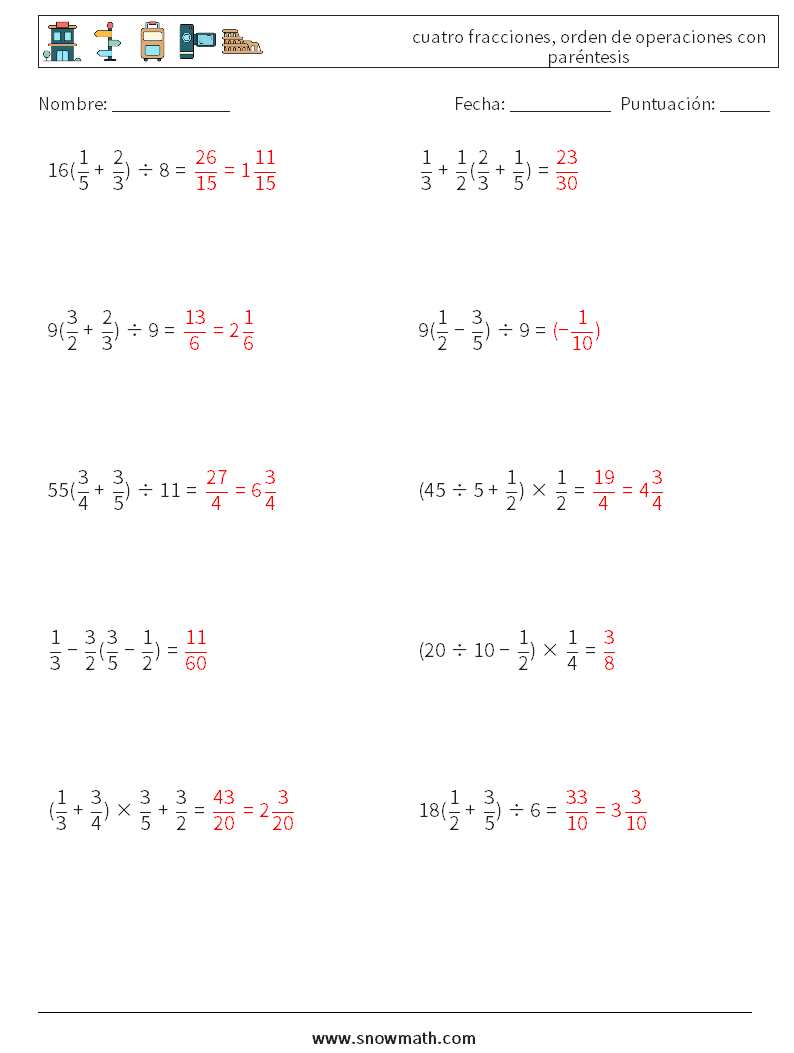 (10) cuatro fracciones, orden de operaciones con paréntesis Hojas de trabajo de matemáticas 11 Pregunta, respuesta