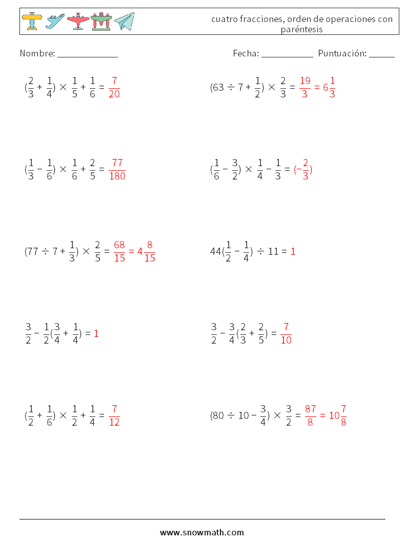 (10) cuatro fracciones, orden de operaciones con paréntesis Hojas de trabajo de matemáticas 12 Pregunta, respuesta