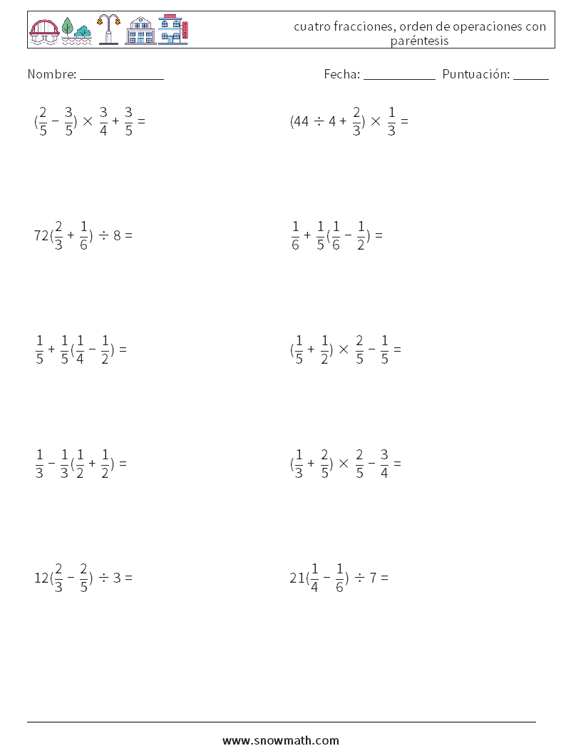 (10) cuatro fracciones, orden de operaciones con paréntesis Hojas de trabajo de matemáticas 13