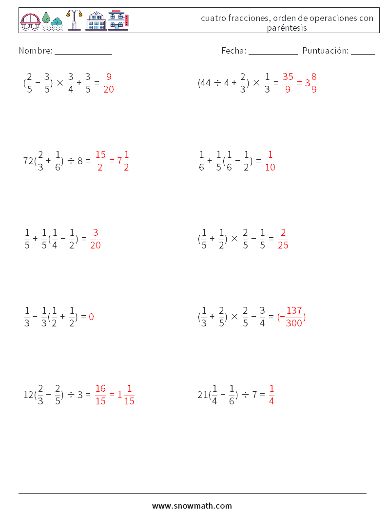 (10) cuatro fracciones, orden de operaciones con paréntesis Hojas de trabajo de matemáticas 13 Pregunta, respuesta