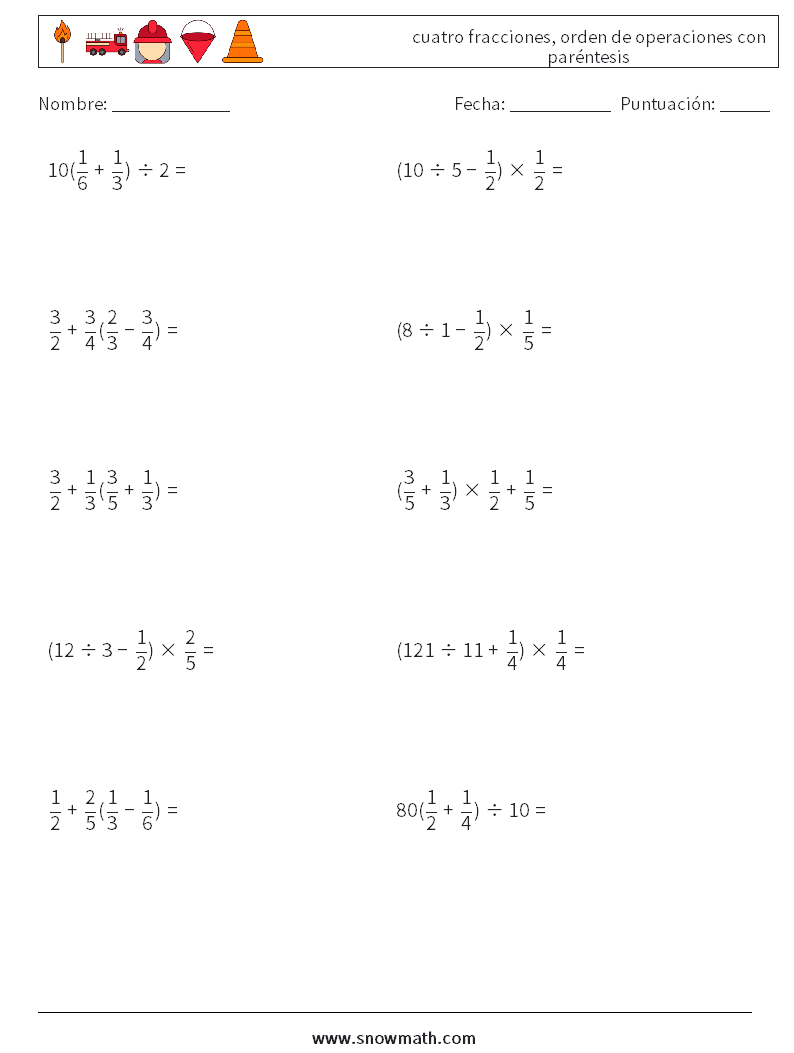 (10) cuatro fracciones, orden de operaciones con paréntesis Hojas de trabajo de matemáticas 14