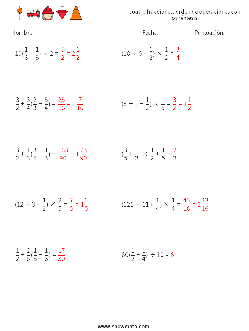 (10) cuatro fracciones, orden de operaciones con paréntesis Hojas de trabajo de matemáticas 14 Pregunta, respuesta