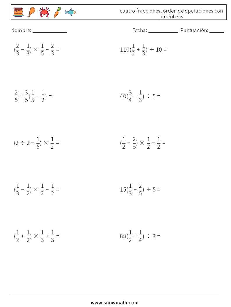 (10) cuatro fracciones, orden de operaciones con paréntesis Hojas de trabajo de matemáticas 15