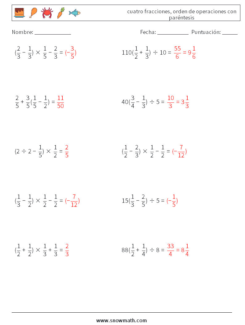 (10) cuatro fracciones, orden de operaciones con paréntesis Hojas de trabajo de matemáticas 15 Pregunta, respuesta