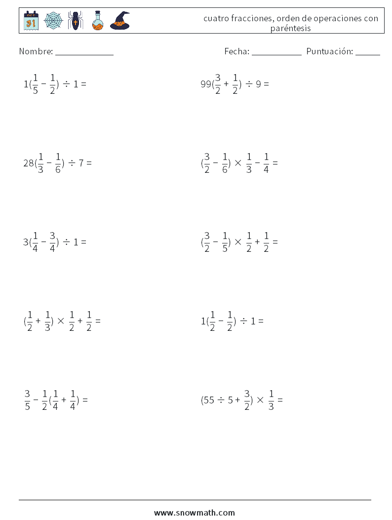(10) cuatro fracciones, orden de operaciones con paréntesis Hojas de trabajo de matemáticas 16