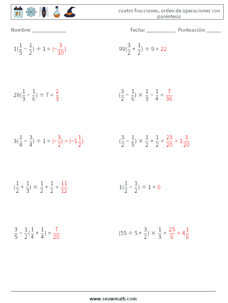 (10) cuatro fracciones, orden de operaciones con paréntesis Hojas de trabajo de matemáticas 16 Pregunta, respuesta