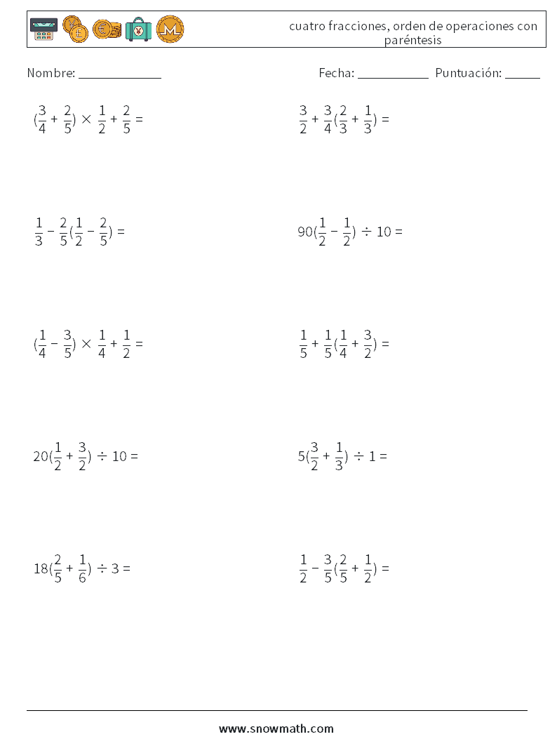 (10) cuatro fracciones, orden de operaciones con paréntesis Hojas de trabajo de matemáticas 17