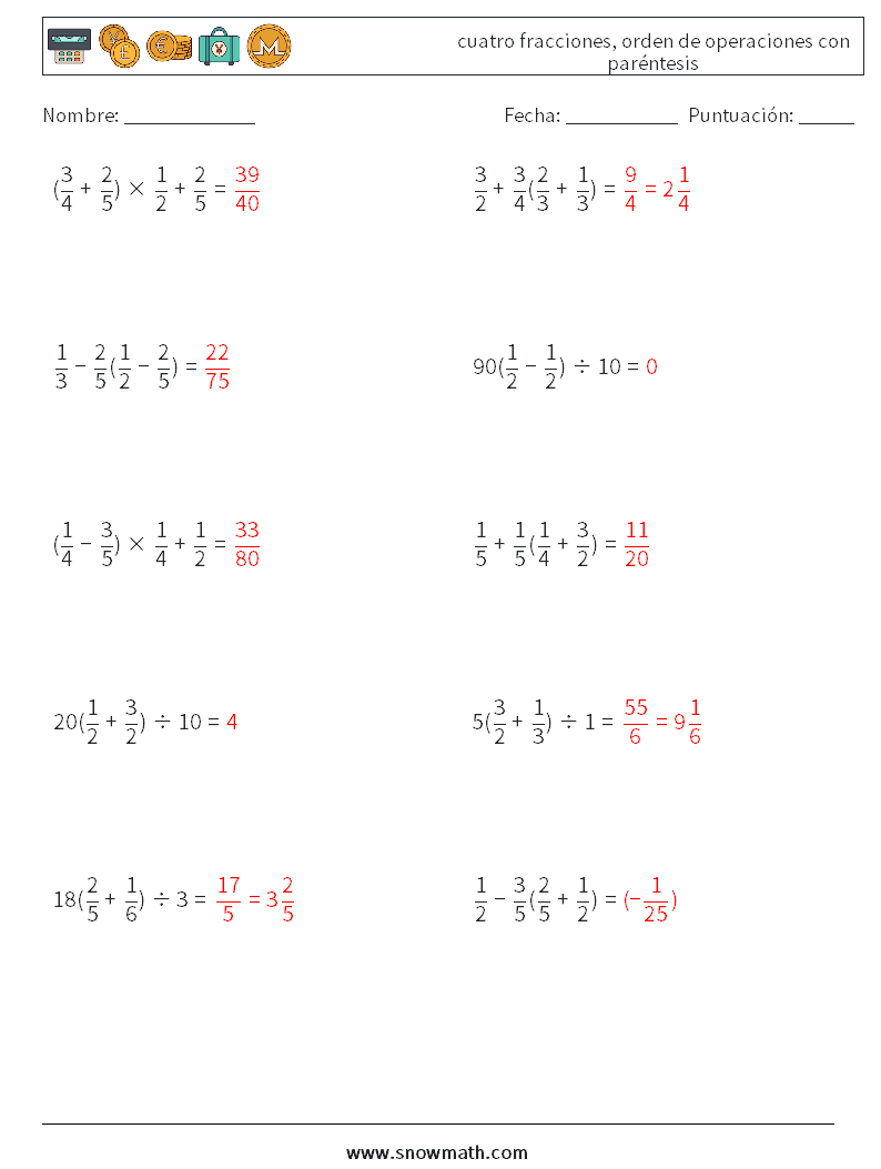 (10) cuatro fracciones, orden de operaciones con paréntesis Hojas de trabajo de matemáticas 17 Pregunta, respuesta