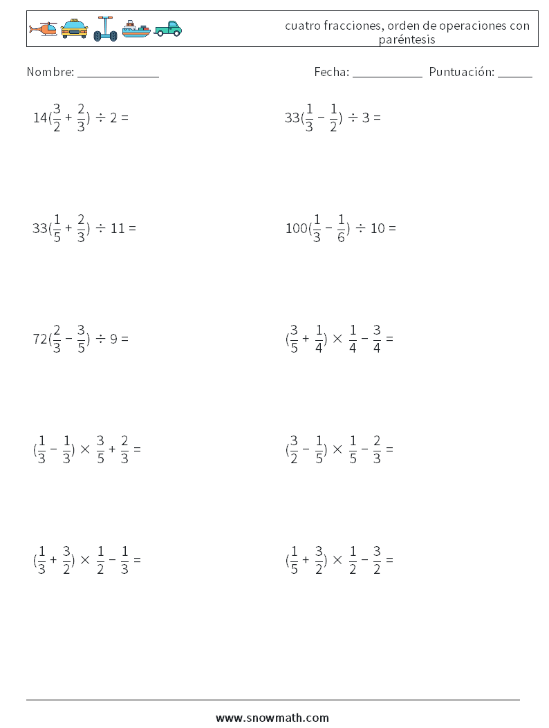 (10) cuatro fracciones, orden de operaciones con paréntesis Hojas de trabajo de matemáticas 18