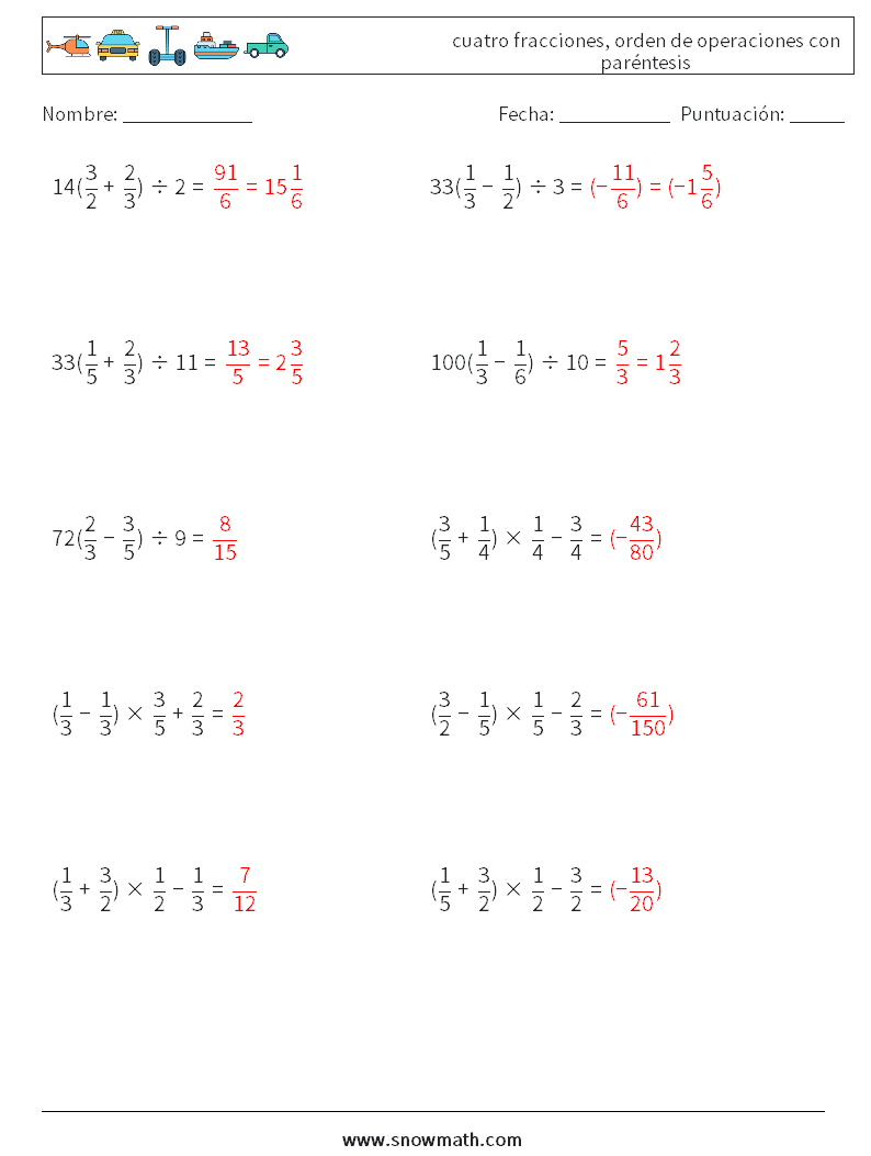 (10) cuatro fracciones, orden de operaciones con paréntesis Hojas de trabajo de matemáticas 18 Pregunta, respuesta