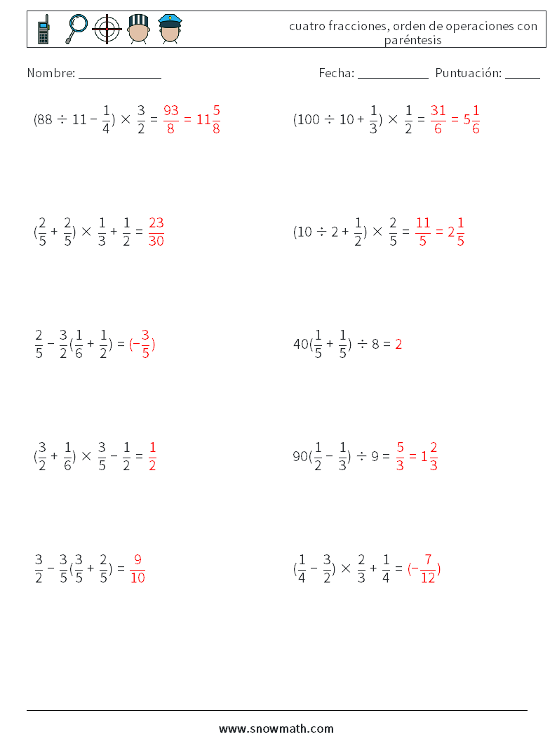 (10) cuatro fracciones, orden de operaciones con paréntesis Hojas de trabajo de matemáticas 1 Pregunta, respuesta
