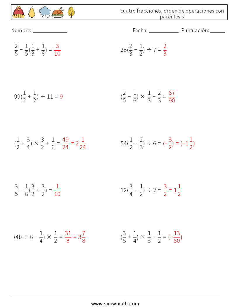 (10) cuatro fracciones, orden de operaciones con paréntesis Hojas de trabajo de matemáticas 2 Pregunta, respuesta