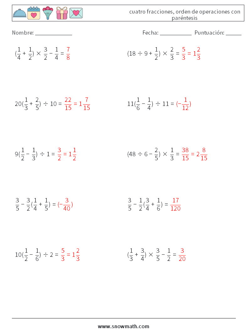 (10) cuatro fracciones, orden de operaciones con paréntesis Hojas de trabajo de matemáticas 3 Pregunta, respuesta