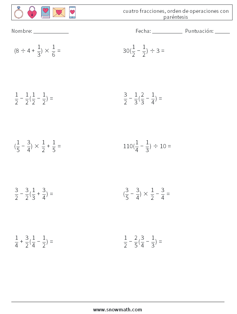 (10) cuatro fracciones, orden de operaciones con paréntesis Hojas de trabajo de matemáticas 4