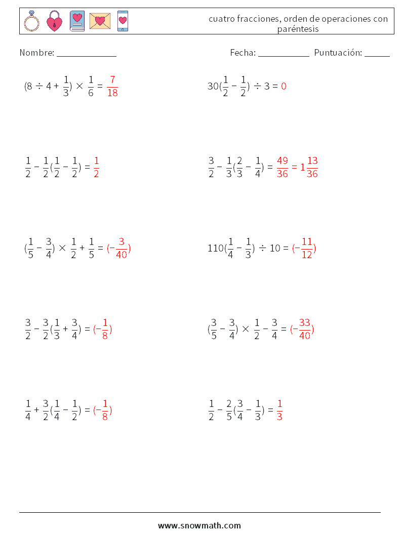 (10) cuatro fracciones, orden de operaciones con paréntesis Hojas de trabajo de matemáticas 4 Pregunta, respuesta