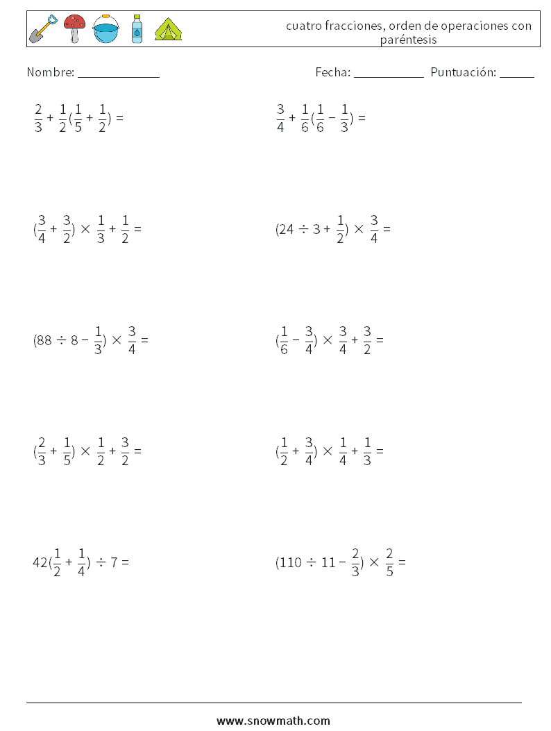 (10) cuatro fracciones, orden de operaciones con paréntesis Hojas de trabajo de matemáticas 5