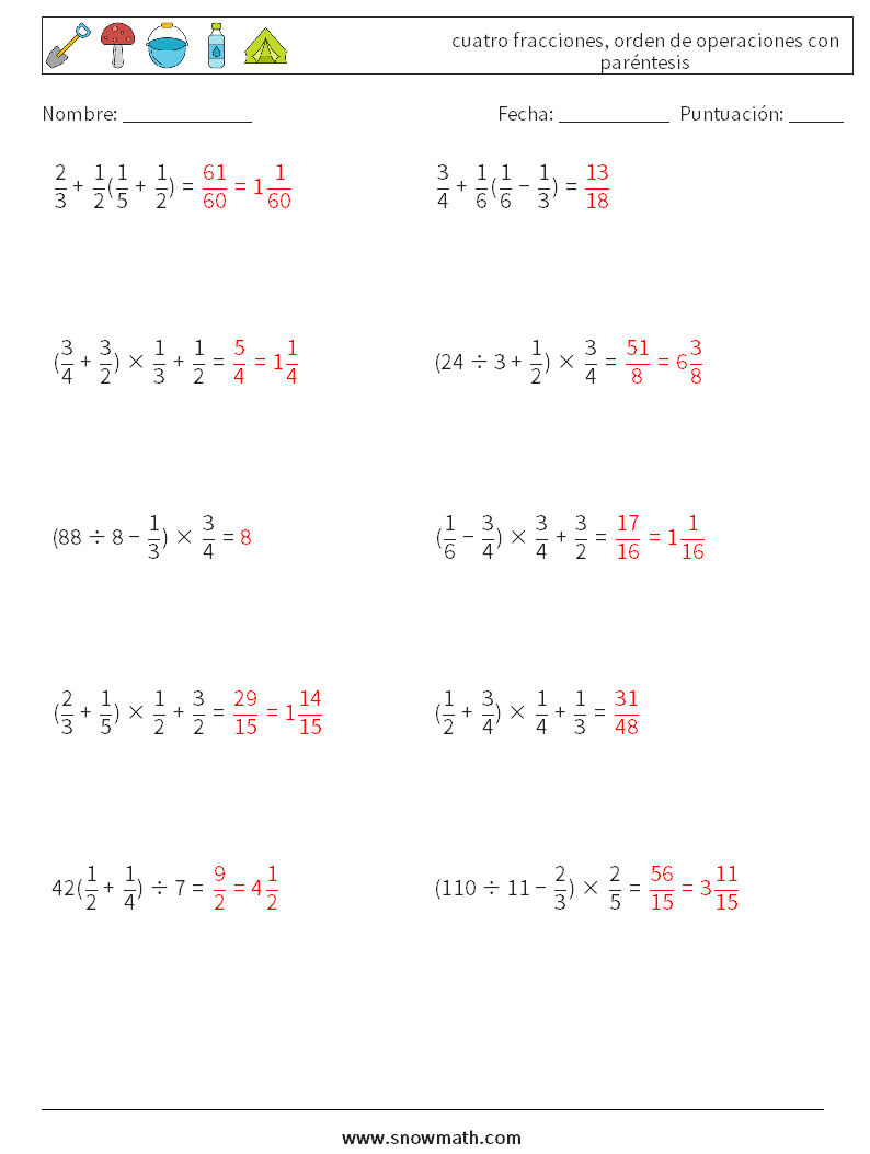 (10) cuatro fracciones, orden de operaciones con paréntesis Hojas de trabajo de matemáticas 5 Pregunta, respuesta