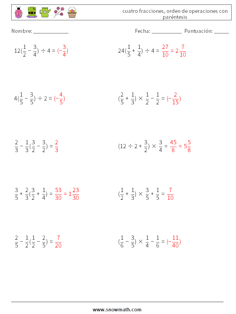(10) cuatro fracciones, orden de operaciones con paréntesis Hojas de trabajo de matemáticas 6 Pregunta, respuesta