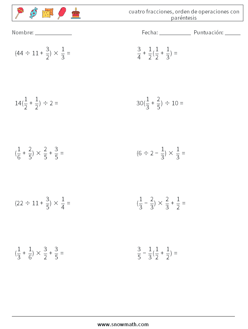 (10) cuatro fracciones, orden de operaciones con paréntesis Hojas de trabajo de matemáticas 7