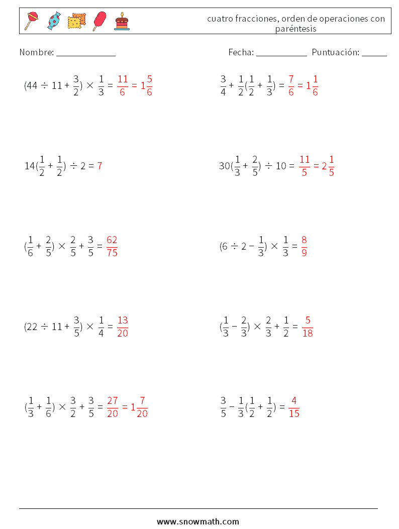 (10) cuatro fracciones, orden de operaciones con paréntesis Hojas de trabajo de matemáticas 7 Pregunta, respuesta