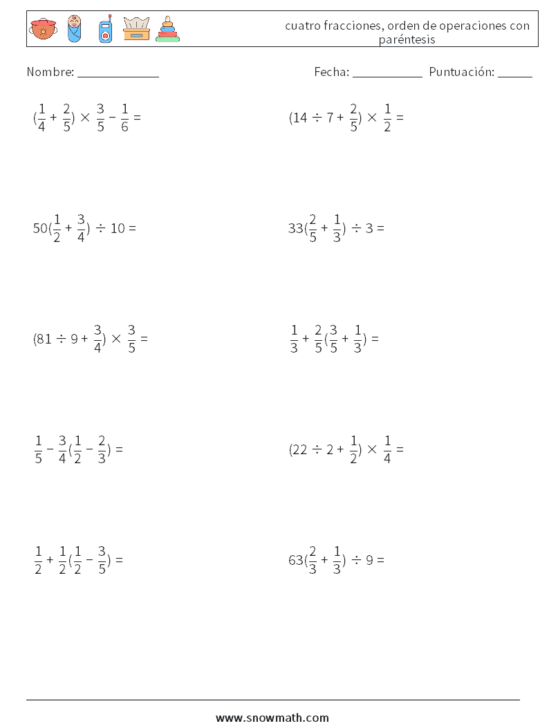 (10) cuatro fracciones, orden de operaciones con paréntesis Hojas de trabajo de matemáticas 8