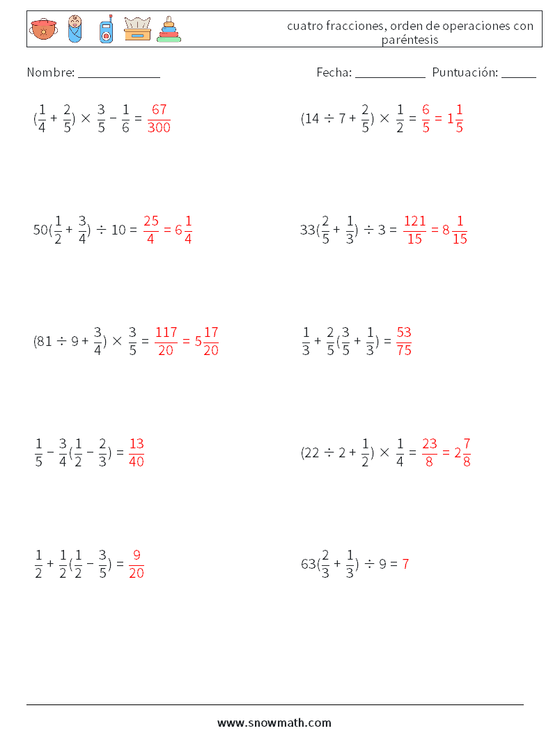(10) cuatro fracciones, orden de operaciones con paréntesis Hojas de trabajo de matemáticas 8 Pregunta, respuesta