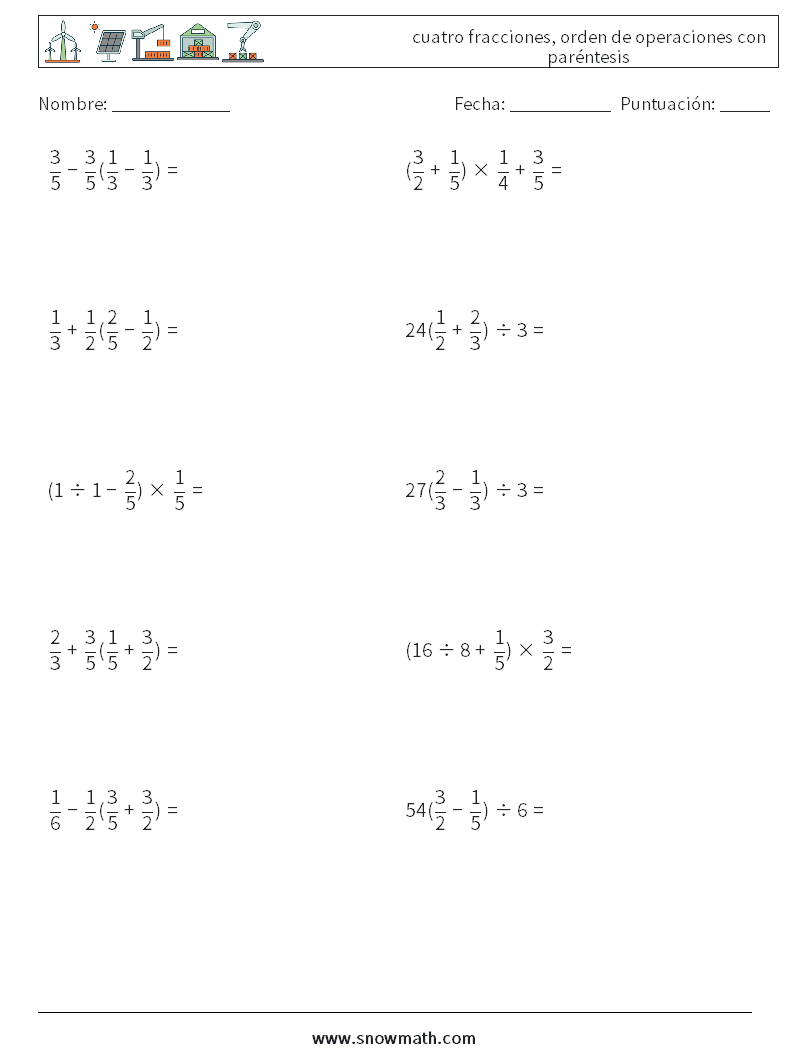 (10) cuatro fracciones, orden de operaciones con paréntesis Hojas de trabajo de matemáticas 9