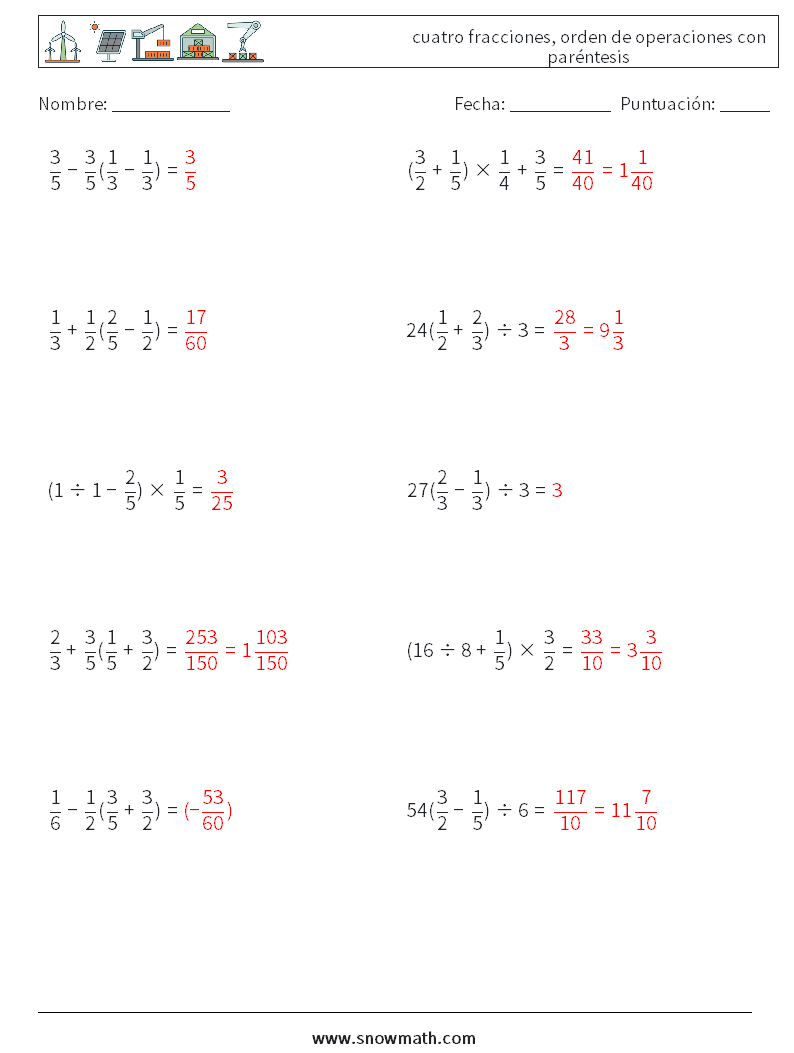 (10) cuatro fracciones, orden de operaciones con paréntesis Hojas de trabajo de matemáticas 9 Pregunta, respuesta